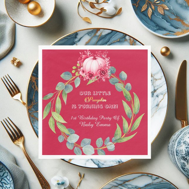 Our Little Pumpkin 1st Birthday Green Wreath Pink Serviette (Our Little Pumpkin 1st Birthday Green Wreath Pink Napkins)
