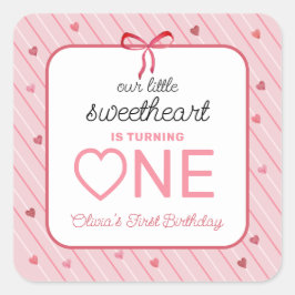 Our Little Sweetheart Is One Hearts Bows Birthday Quadratischer Aufkleber