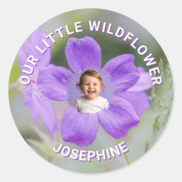 Our Little Wildflower Purple Floral Custom Photo Runder Aufkleber