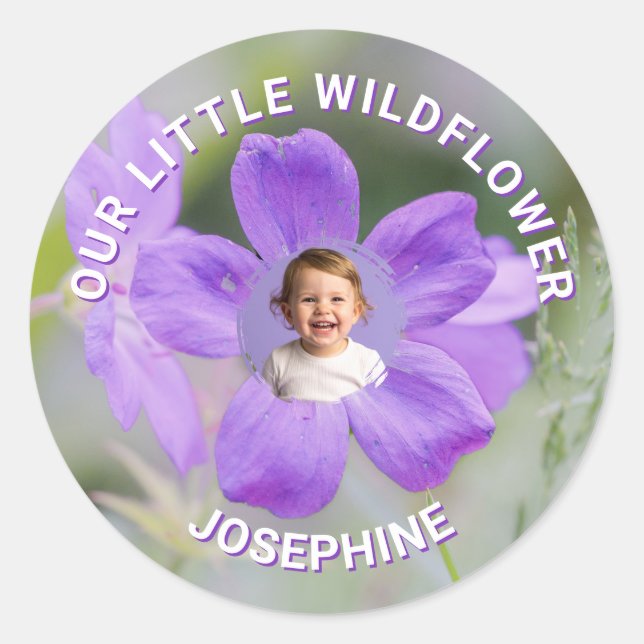 Our Little Wildflower Purple Floral Custom Photo Runder Aufkleber (Vorderseite)