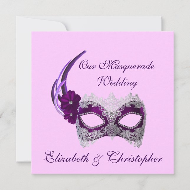 "Our Masquerade Wedding" - Royal Lila Mask Einladung (Vorderseite)