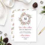 Our New Home Christmas Greenery Monogram Wreath Feiertagskarte<br><div class="desc">This beautiful Christmas card for new homeowners doubles as a moving announcement card! Announce your new address to family and friends at the beginning of holiday card season. The elegant card features a simple watercolor winter greenery wreath with red berries and a custom family last name monogram initial. Stylish red,...</div>