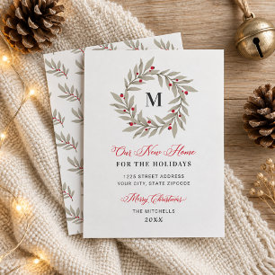 Our New Home Christmas Greenery Monogram Wreath Feiertagskarte