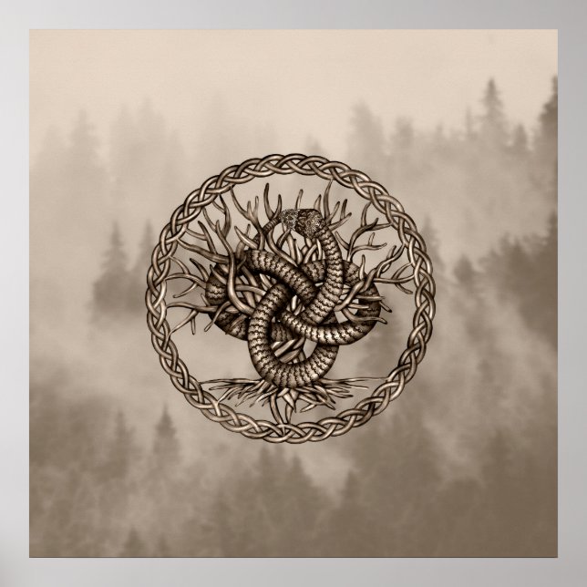 Ouroboros Celtic Knot with Tree of Life Sepia Poster (Vorne)