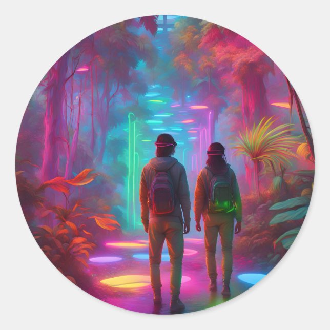Out of this World - Virtual Reality Neon Dschungel Runder Aufkleber (Vorderseite)
