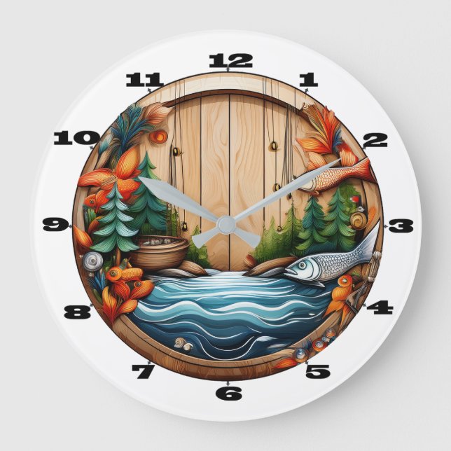 Outdoor And Fishing Motif on Wood Große Wanduhr (Vorderseite)
