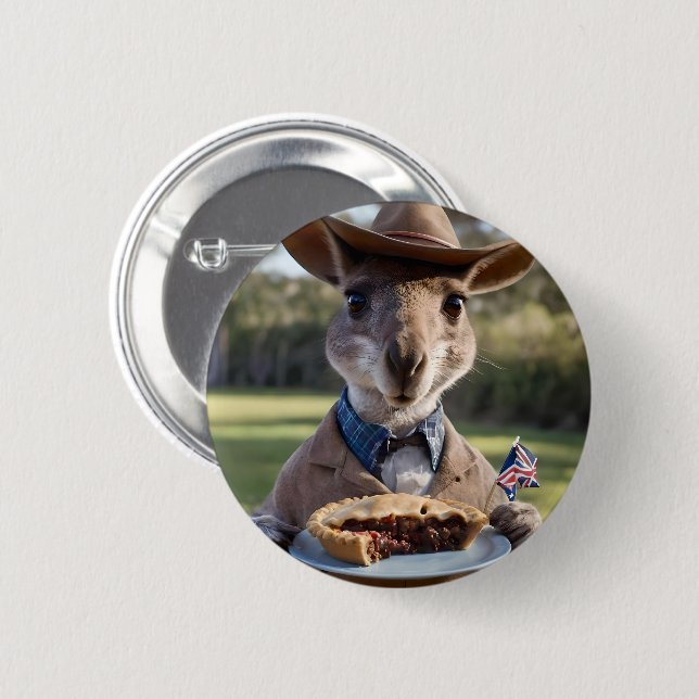 "Outdoor Delight: Ein Känguru isst Aussie Meat Pie Button (Vorne & Hinten)