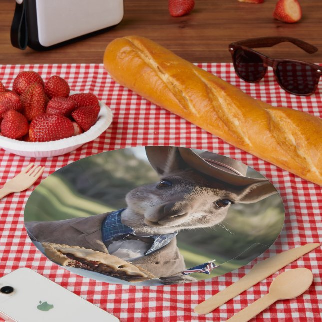 "Outdoor Delight: Ein Känguru isst Aussie Meat Pie Pappteller (Picknick)