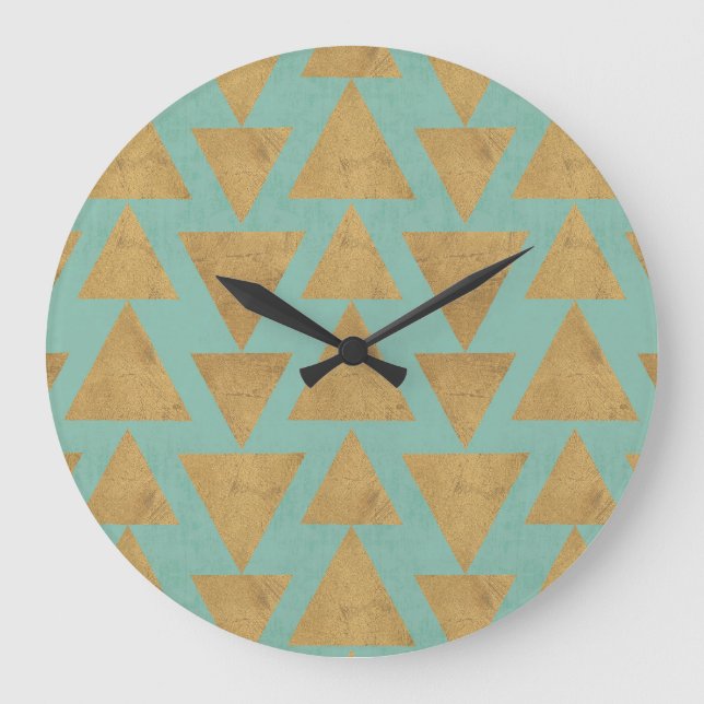 Outdoor Geo Step Gold & Teal Pattern Große Wanduhr (Vorderseite)