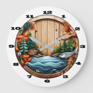 Outdoor- und Angelmotiv auf Holz Große Wanduhr