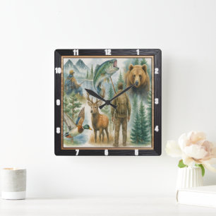 Outdoor Wildlife Hunter Fisherman Quadratische Wanduhr