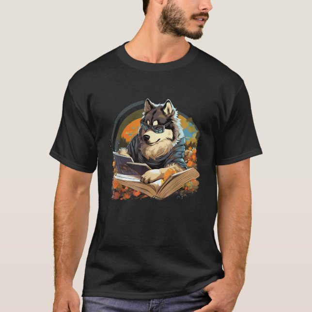 Outdoors Alaskan Malamute Dog Reading Book  T-Shirt (Vorderseite)