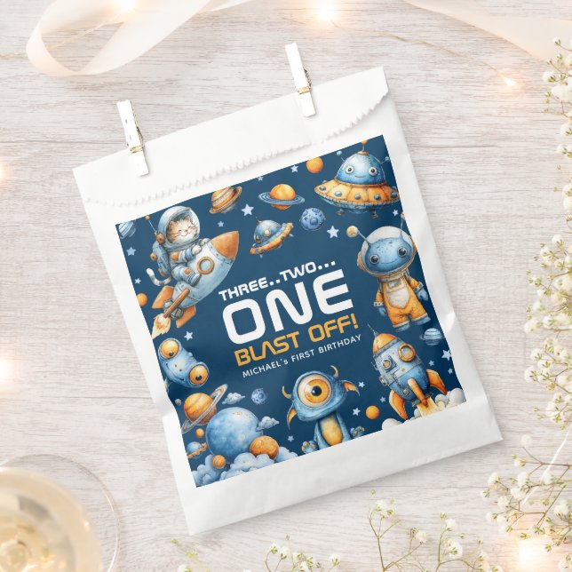 Outer Space Astronaut Cat  Blast Off 1st Birthday  Geschenktütchen (Ausgeschnitten)