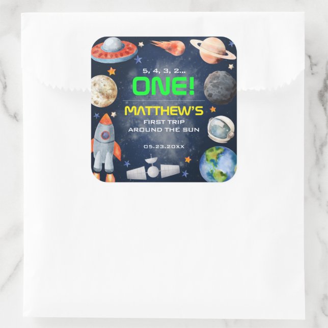 Outer Space First Birthday Quadratischer Aufkleber (Tasche)