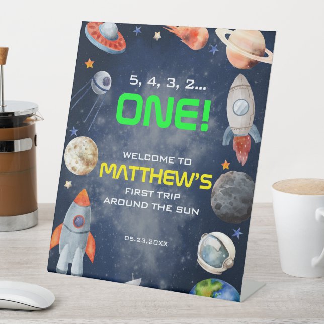 Outer Space First Birthday Welcome Sockelschild (In Situ)