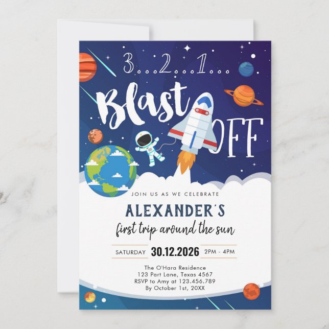 Outer Space First Trip Around the Sun 1st Birthday Einladung (Vorderseite)