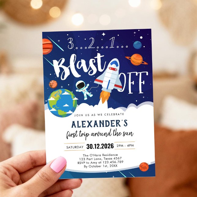 Outer Space First Trip Around the Sun 1st Birthday Einladung (Von Creator hochgeladen)
