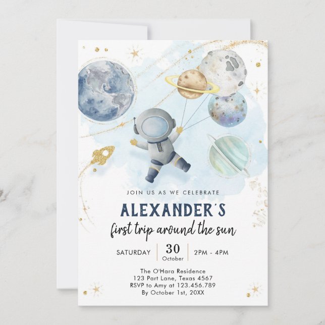 Outer Space First Trip Around the Sun 1st Birthday Einladung (Vorderseite)