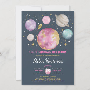 Outer Space Girl Baby Shower Pink Gold Galaxie Einladung