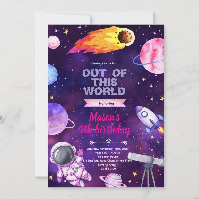 Outer space girl theme invitation einladung (Vorderseite)