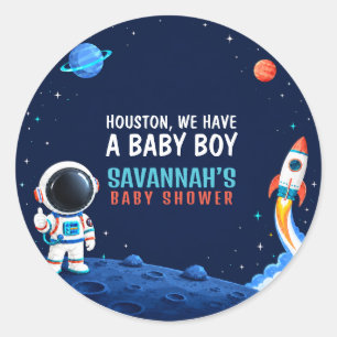Outer Space Houston Boy Baby-Party Runder Aufkleber