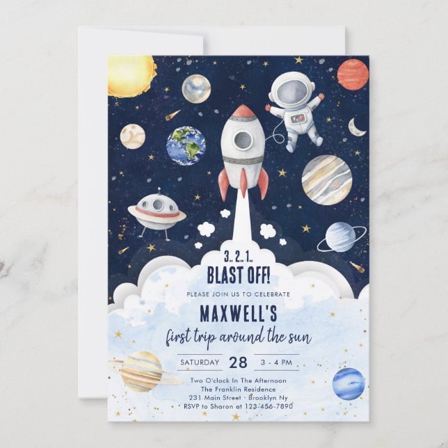 Outer Space Planets Astronaut Boy Birthday Einladung (Vorderseite)