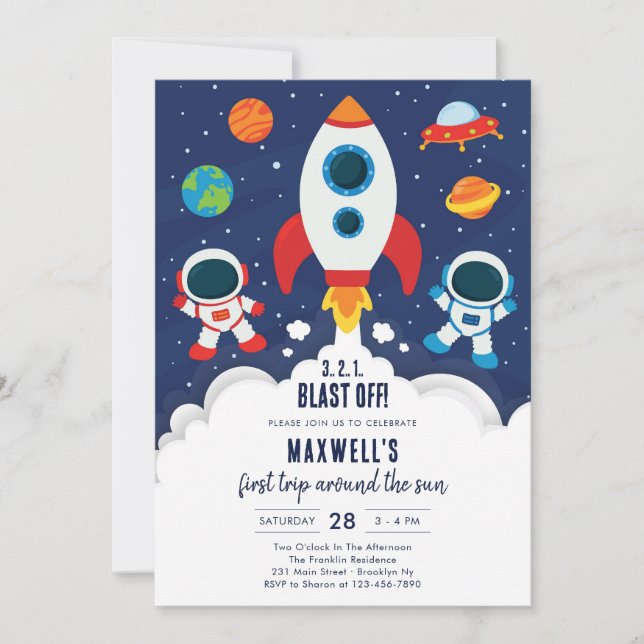 Outer Space Planets Astronaut Boy Birthday Einladung (Vorderseite)