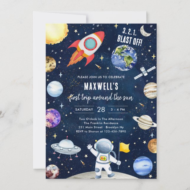 Outer Space Planets Astronaut Boy Birthday Einladung (Vorderseite)