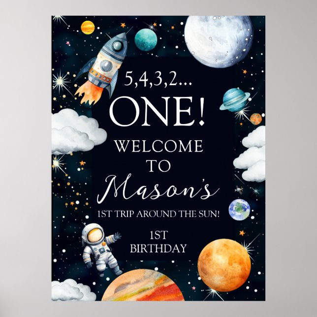 Outer Space Rocket Astronaut 1st Birthday Welcome Poster (Vorne)