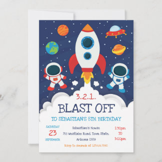 Outer Space Rocket Ship Astronaut Galaxy Birthday Einladung
