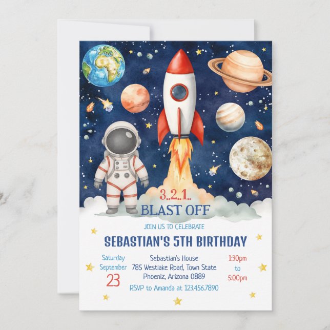 Outer Space Rocket Ship Astronaut Galaxy Birthday  Einladung (Vorderseite)