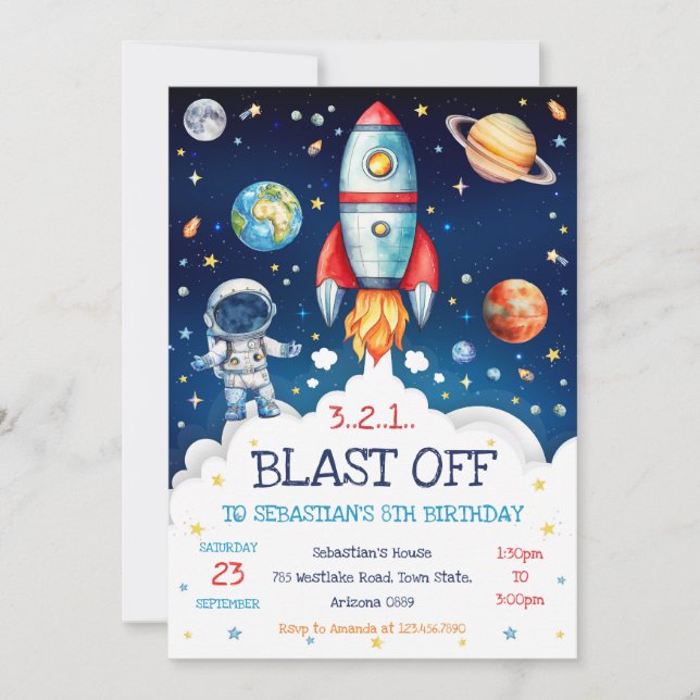 Outer Space Rocket Ship Astronaut Galaxy Birthday  Einladung (Vorderseite)