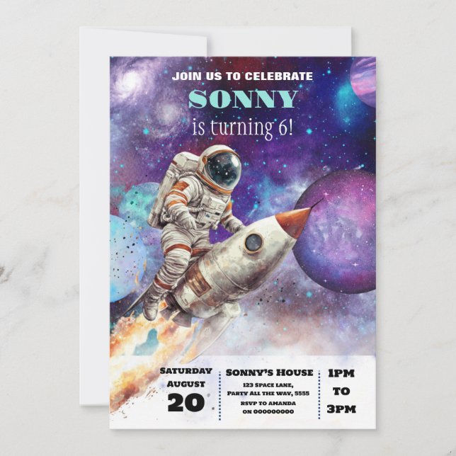 OuterSpace Geburtstagsparty Astronaut Galaxy Plane Einladung (Vorderseite)