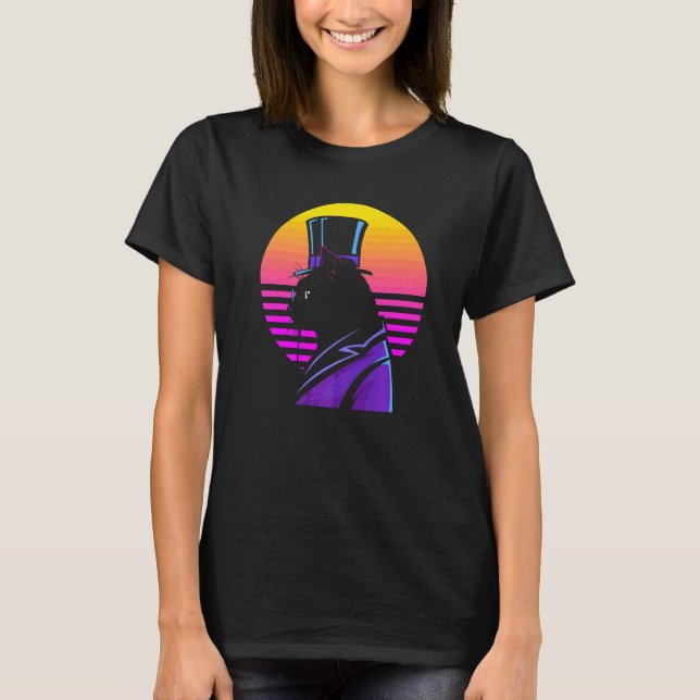 Outrun Synthwave Cyberpunk Streampunk Katze T-Shirt (Vorderseite)