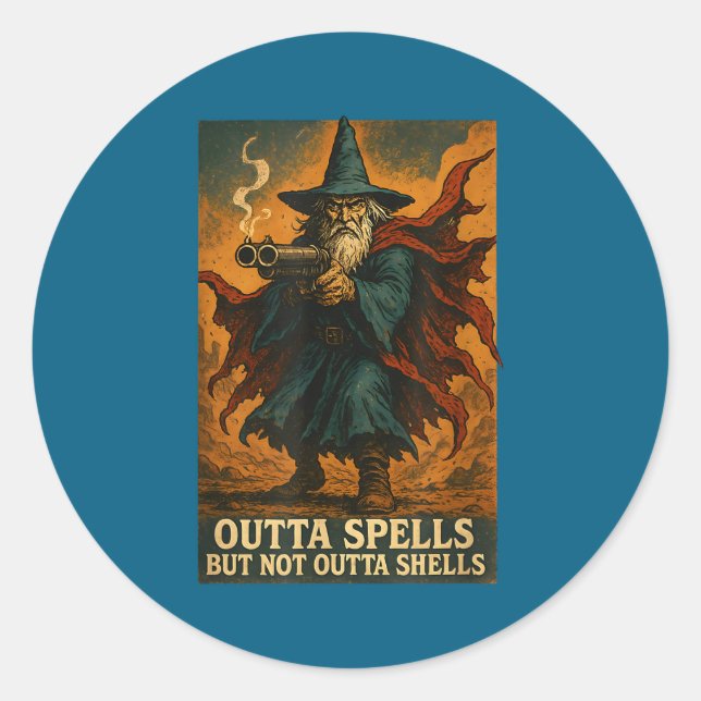 Outta Spells But Not Outta Shells Wizard Fantasy M Runder Aufkleber (Vorderseite)