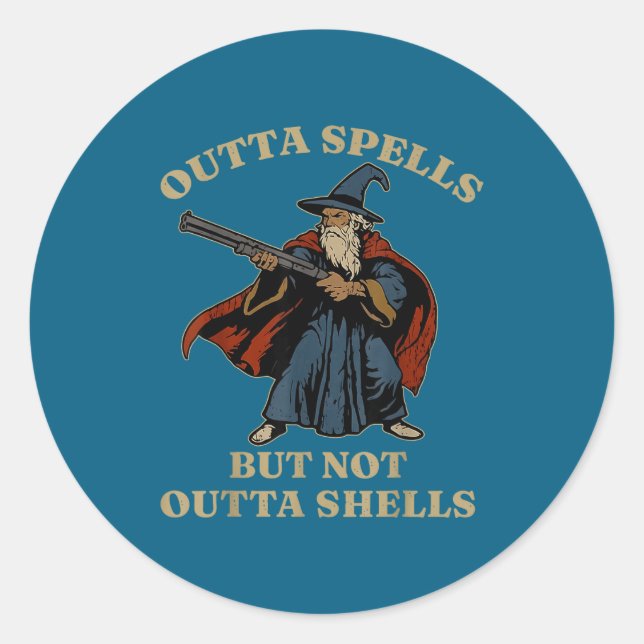Outta Spells But Not Outta Shells Wizard Fantasy M Runder Aufkleber (Vorderseite)