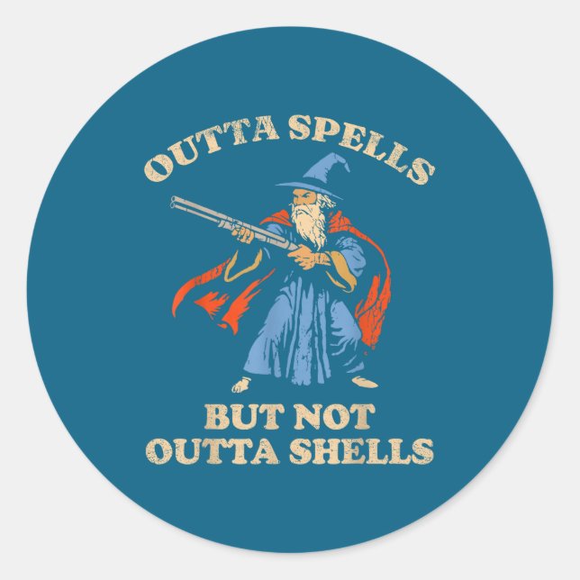Outta Spells But Not Outta Shells Wizard Fantasy M Runder Aufkleber (Vorderseite)