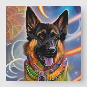 Outta This World Trippy German Shepherd Quadratische Wanduhr