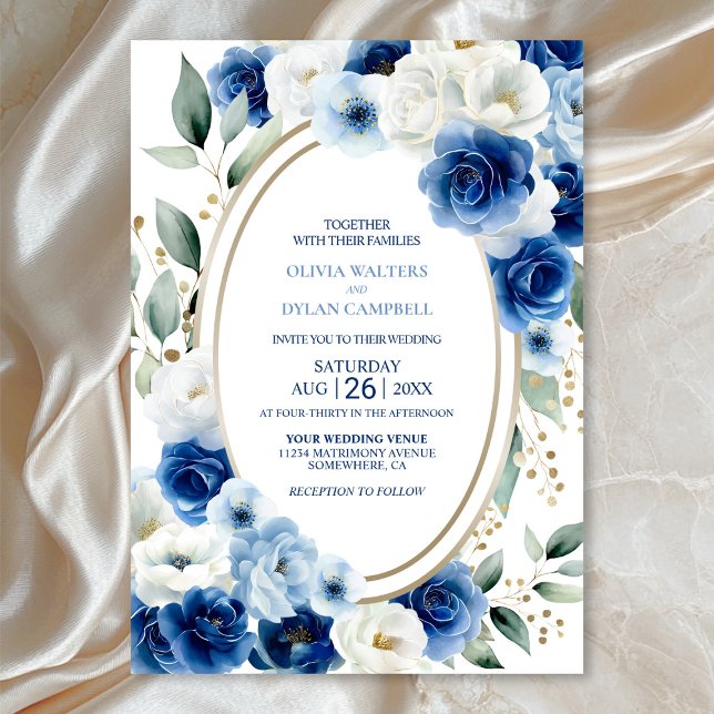 Oval Blue Floral Wedding Einladung (Von Creator hochgeladen)