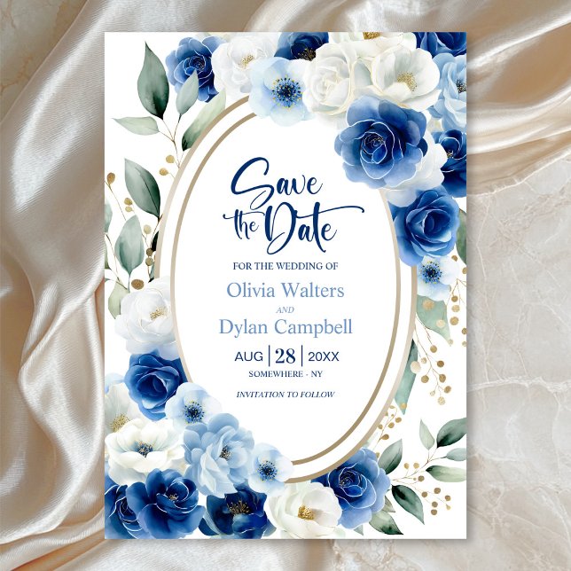 Oval Blue Floral Wedding Save the Date Einladung (Von Creator hochgeladen)