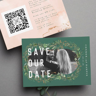 Oval Boho Bold QR Code Modernes Leafy Goldenes Fot Save The Date