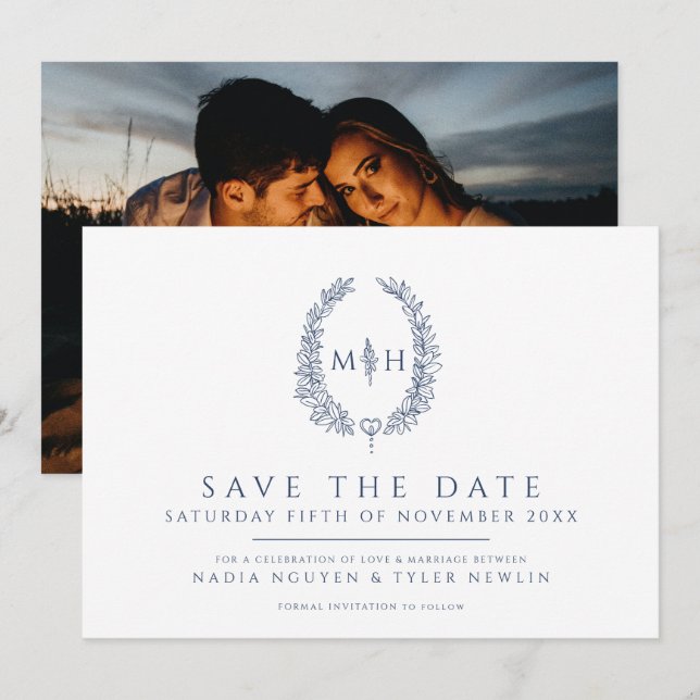 Oval der Blätter Weißblaue Foto Hochzeit Save The Date (Vorne/Hinten)