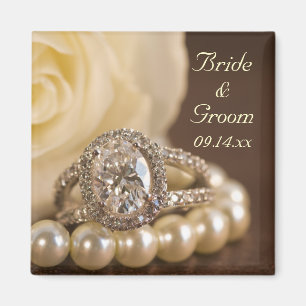 Oval Diamond Ring and White Rose Wedding Magnet