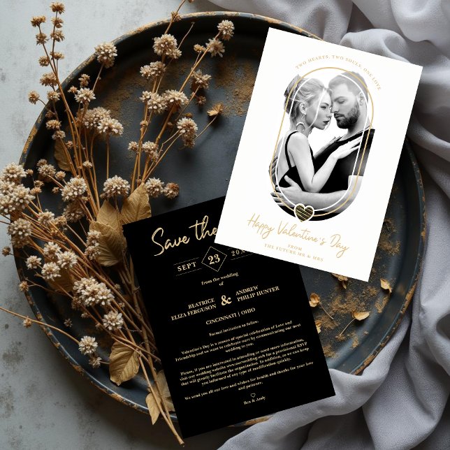 Oval Effect Black Heart Happy Valentine's Day Save The Date (Modern Oval Effect Black Heart Valentines Save the Date Photo Card with Envelope.)