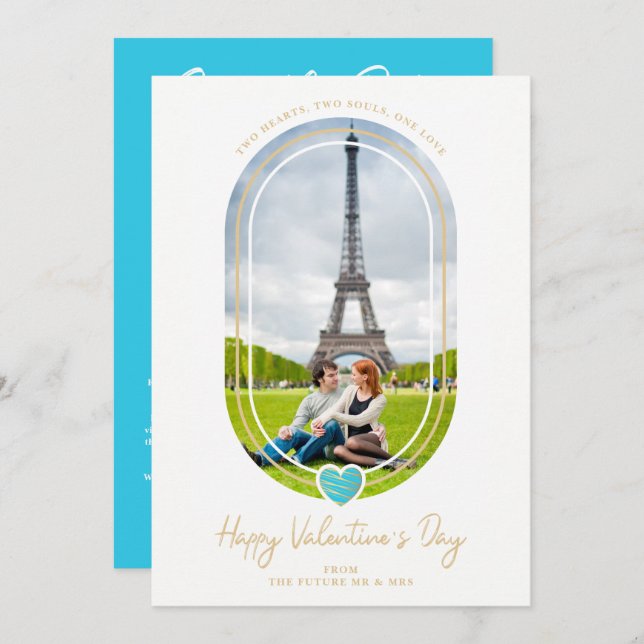 Oval Effect Blue Heart Happy Valentine's Day Photo Save The Date (Vorne/Hinten)