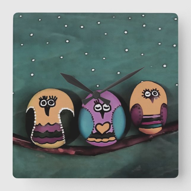 Oval geformte Eulen gegen die primitive Kunst des  Quadratische Wanduhr (Vorderseite)