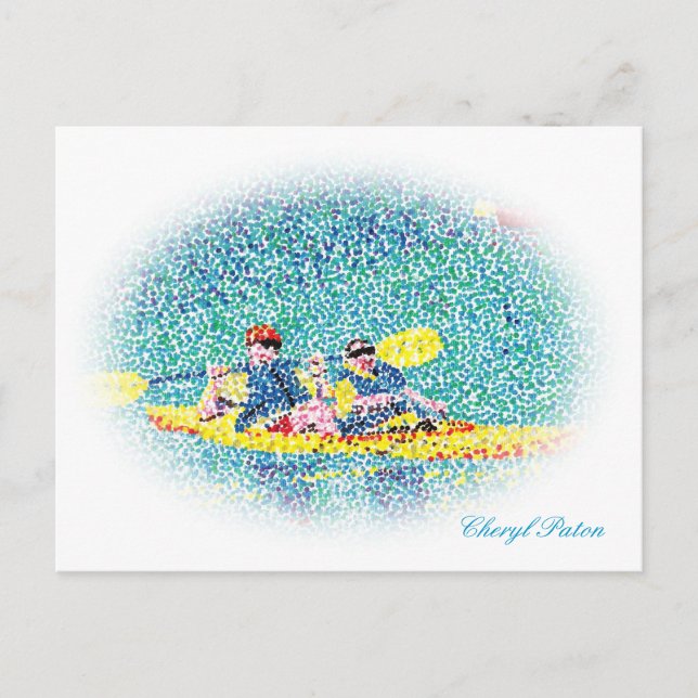Oval Pointillism Kajak Szene Fluss Postkarten (Vorderseite)