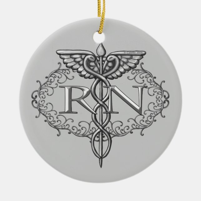 Oval Silver Caduceus RN Nurse Keramikornament (Vorne)