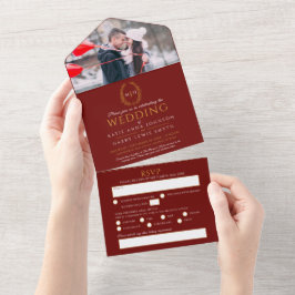 Ovale Blätter aus Hochzeitsgold, Monogramm Foto All In One Einladung