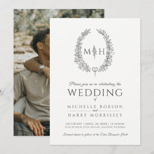 Ovale Kranz-Hochzeit Holzkohle graues weißes Foto Einladung